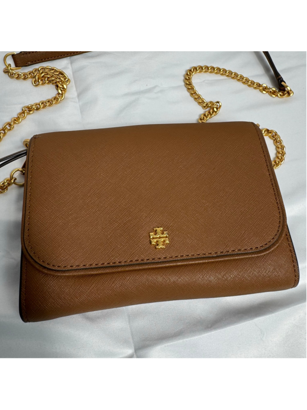 Women's Tory Burch Emerson Saffiano Leather Chain Wallet Crossbody – Moose Brown - Picture 2 of 8